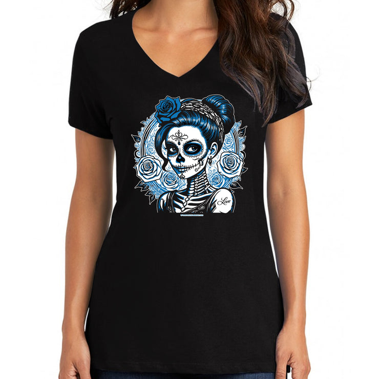 "Blue Rose" Black V-Neck Wholesale T-Shirt