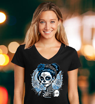 "Blue Rose" Black V-Neck Wholesale T-Shirt