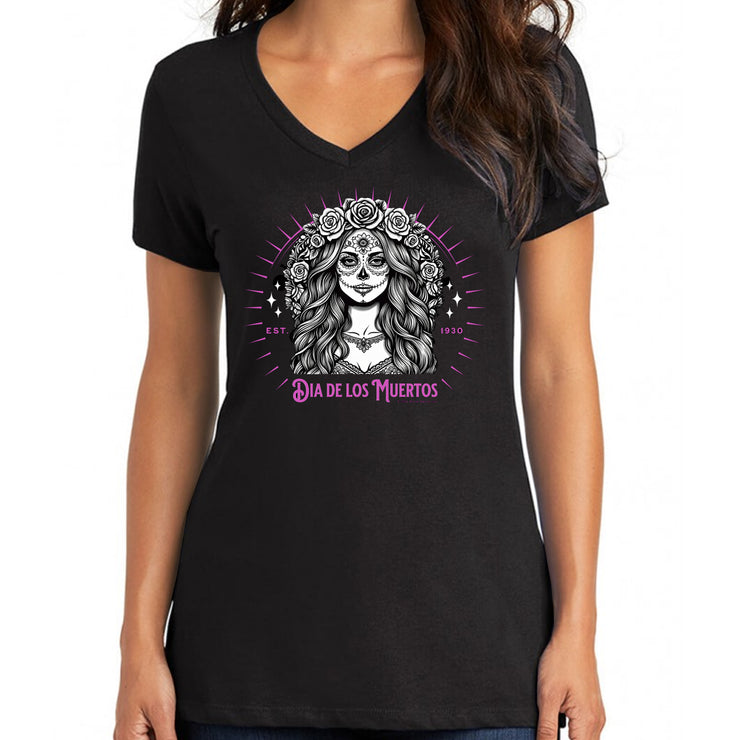 "Day of the Dead Beauty" Black V-Neck Wholesale T-Shirt