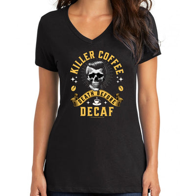 "Killer Coffee: Death Before Decaf" Black V-Neck