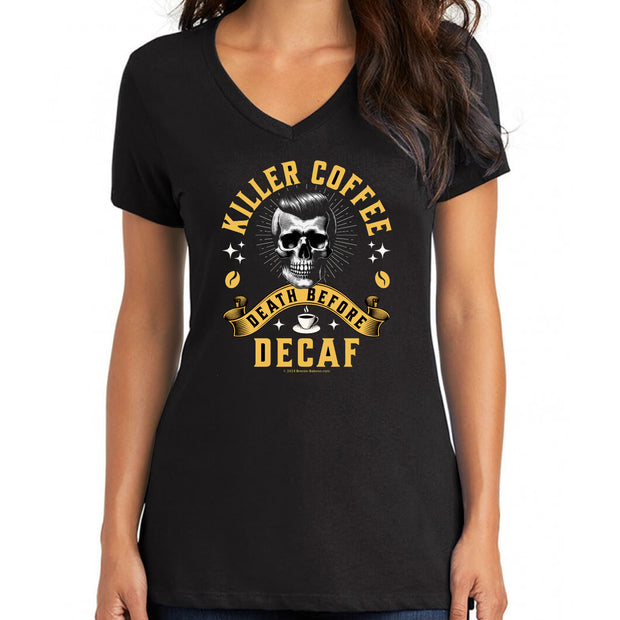 "Killer Coffee: Death Before Decaf" Black V-Neck