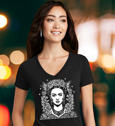 "Garden of Frida" Black V-Neck Wholesale T-Shirt