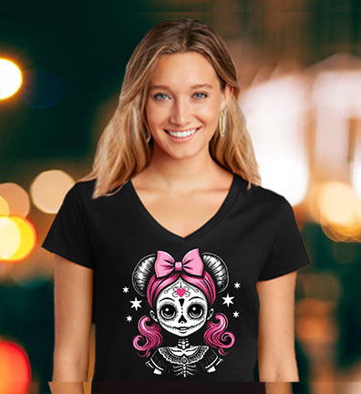 "Pink Tails" Black V-Neck Wholesale T-Shirt