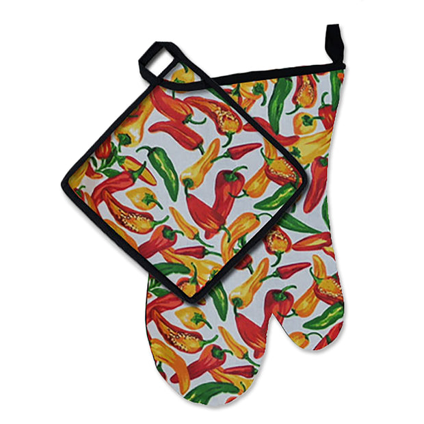 Wholesale by Bronze Baboon: "Chilies-White" Pot Holder-Oven Mitt Set