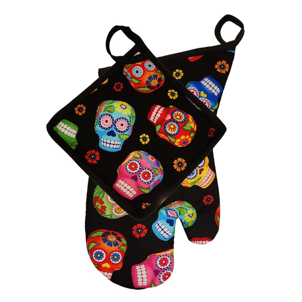 Colorful Skulls Day of the Dead Oven Mitt-Pot Holder Sets - Wholesale