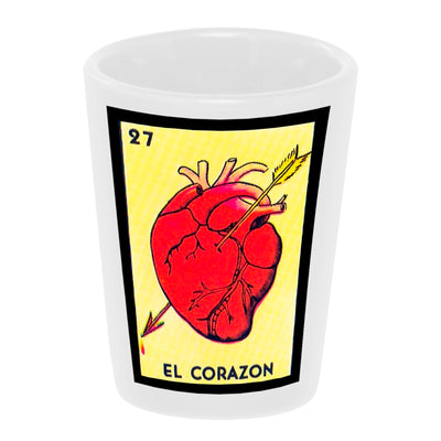 Bronze Baboon wholesale: Loteria: El Corazon (the Heart) 1.5 oz. White Ceramic Shot Glass