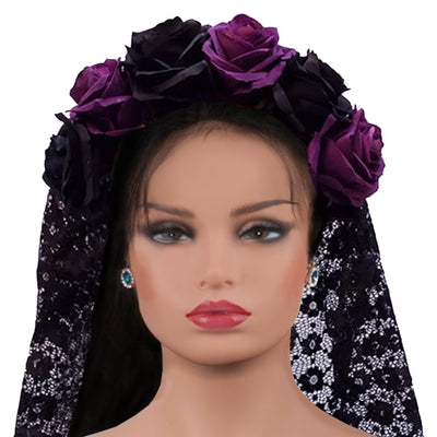 Wholesale by Bronze Baboon: Frida's Flowers Purple & Black Crown with Veil