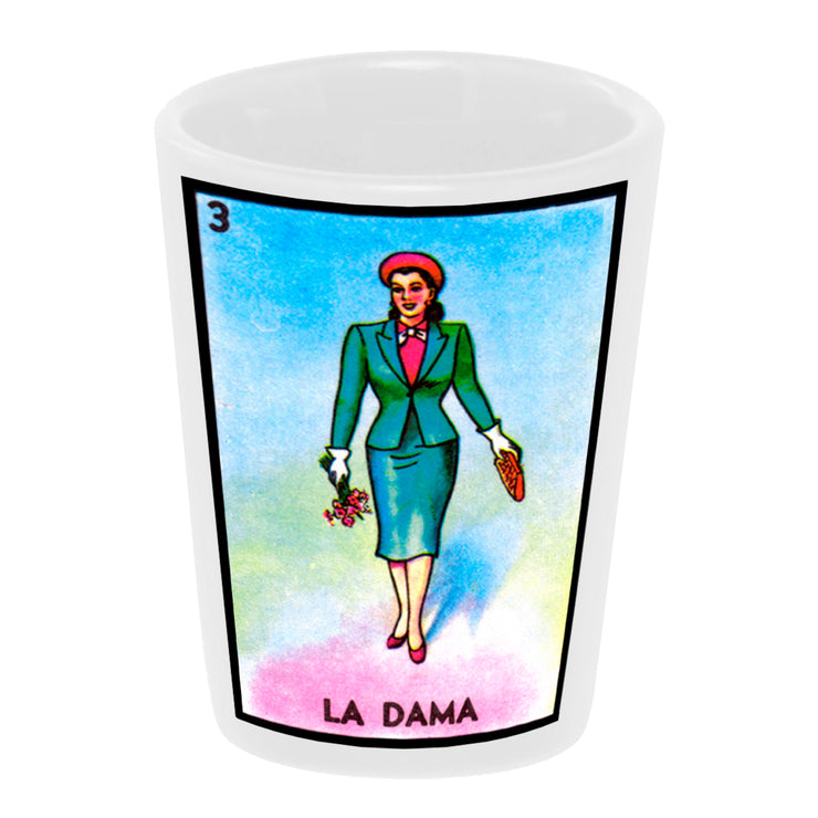 Bronze Baboon Wholesale: "Loteria: La Dama" (the Lady) 1.5 oz. White Ceramic Shot Glass