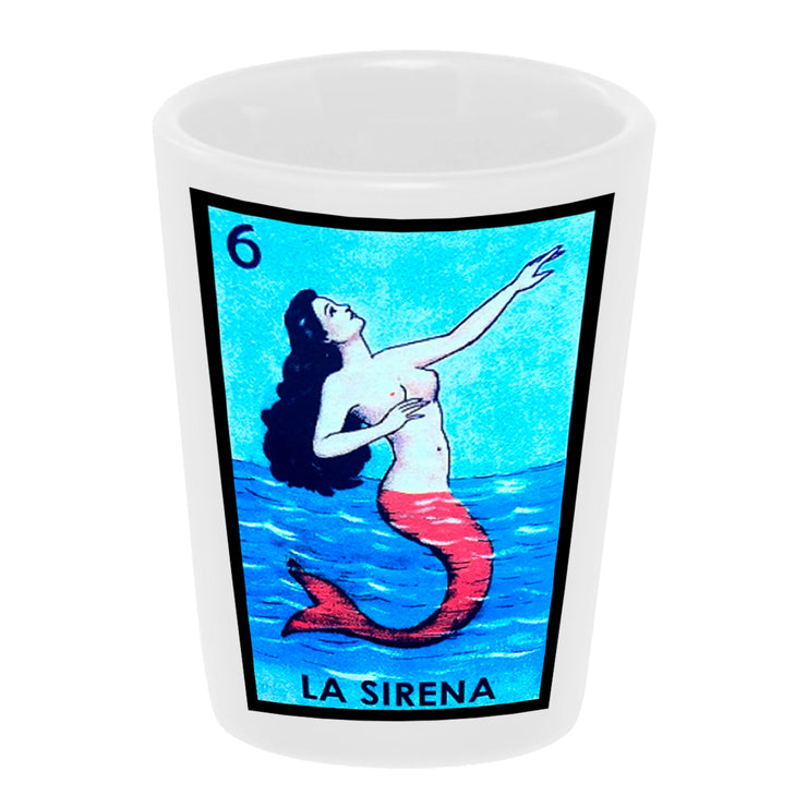 Bronze Baboon wholesale "Loteria: La Sirena" (the Mermaid) 1.5 oz. White Ceramic Shot Glass