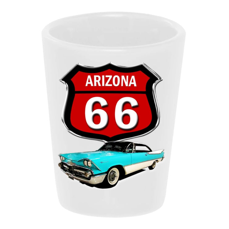 "Route 66: Arizona" 1959 Dodge 1.5 oz. White Ceramic Shot Glas