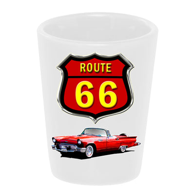 Bronze Baboon Wholesale: "Route 66: California" 1957 Ford Thunderbird 1.5 oz. White Ceramic Shot Glass