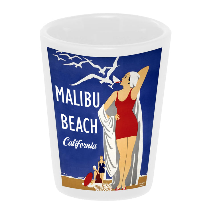 Bronze Baboon "Vintage: Malibu Beach, California" 1.5 oz. White Ceramic Shot Glass